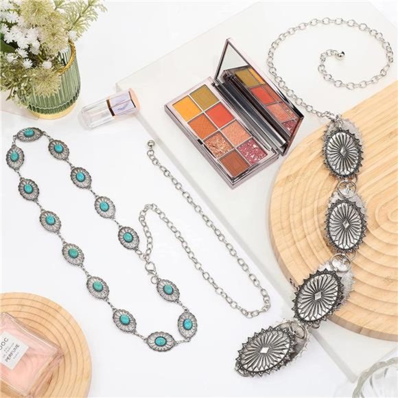 Junkin 2 Pcs Concho Western Chain Belts Turquoise Chain Belt Antique Waist Belts